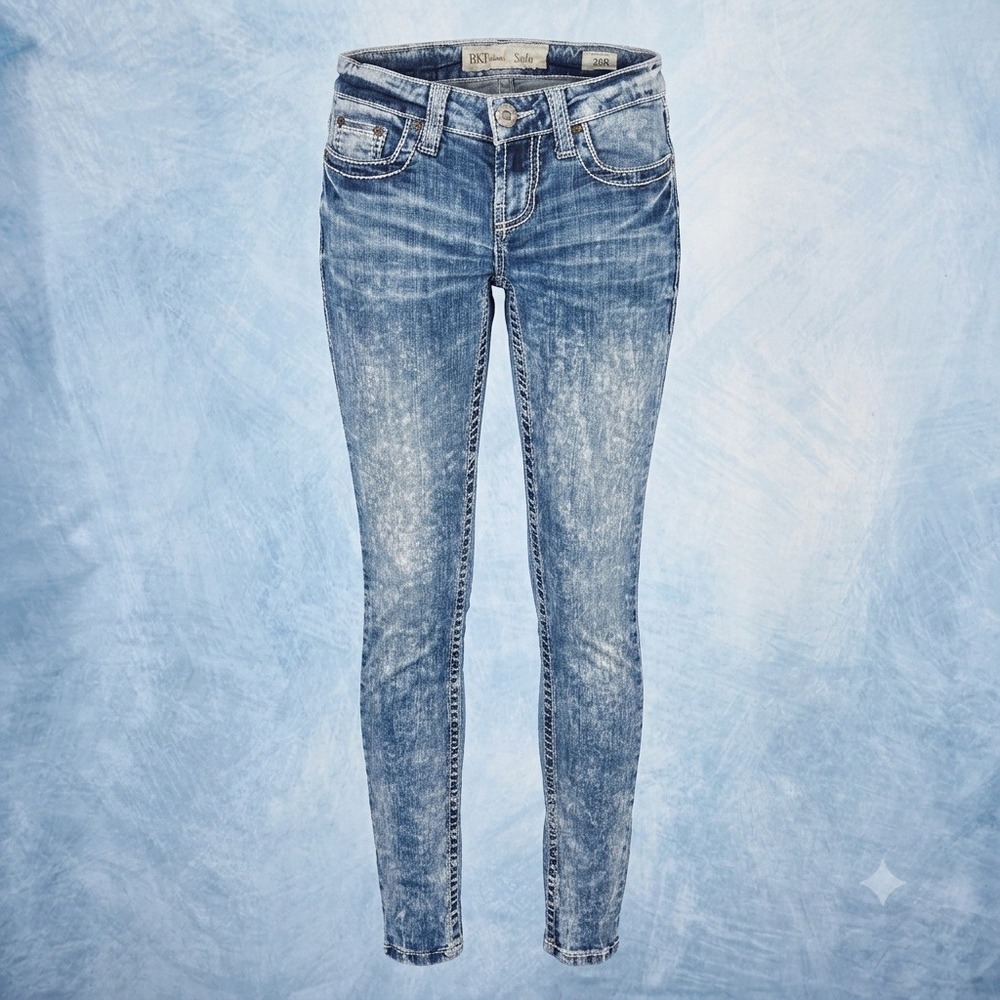 BKE Stella Skinny Jeans Womens 26R Blue Acid Wash Low Rise Contrast Stitch Denim